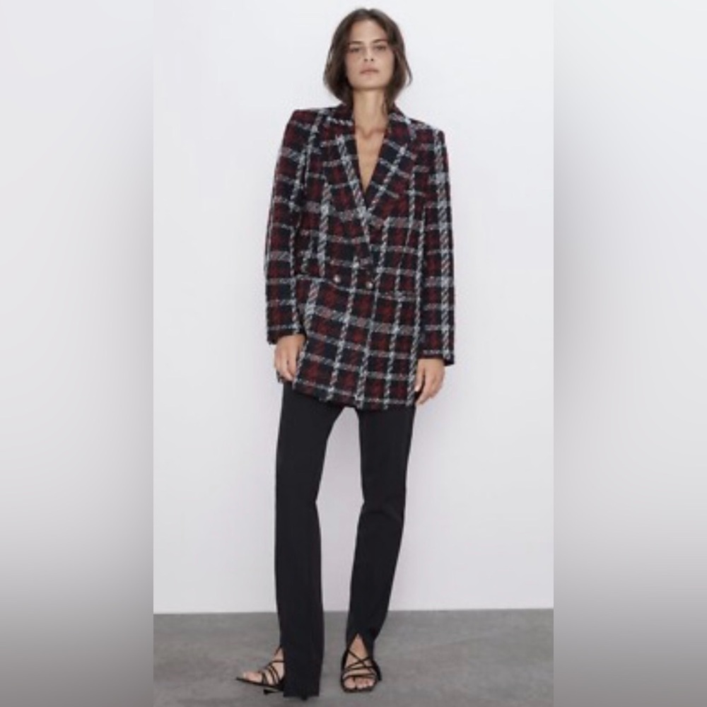 Zara Plaid Tweed Blazer Red Black White Double Button Jacket XS oversized